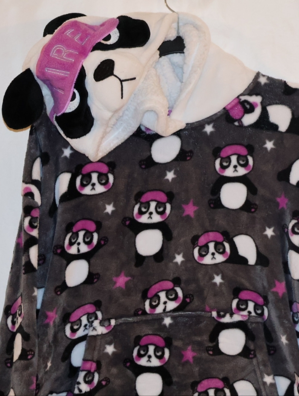 Holiday Time Plush Panda Lounger With Hood-Gray, Pink, & Black. Medium (8-10). - Picture 2 of 13